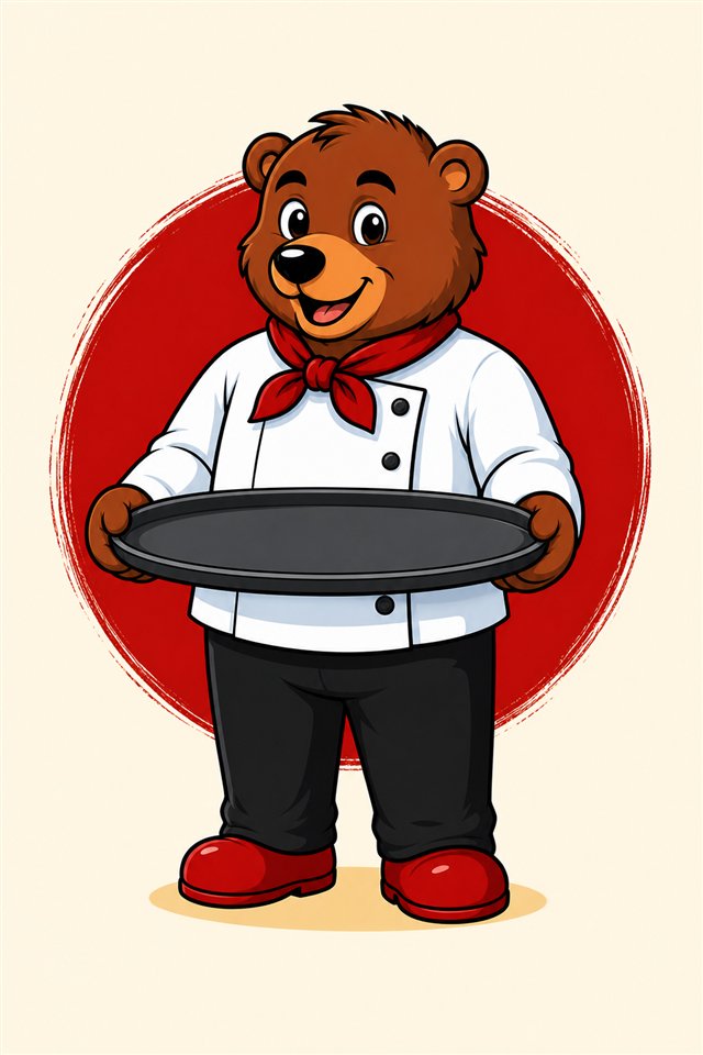 Bear chef holding an empty serving tray